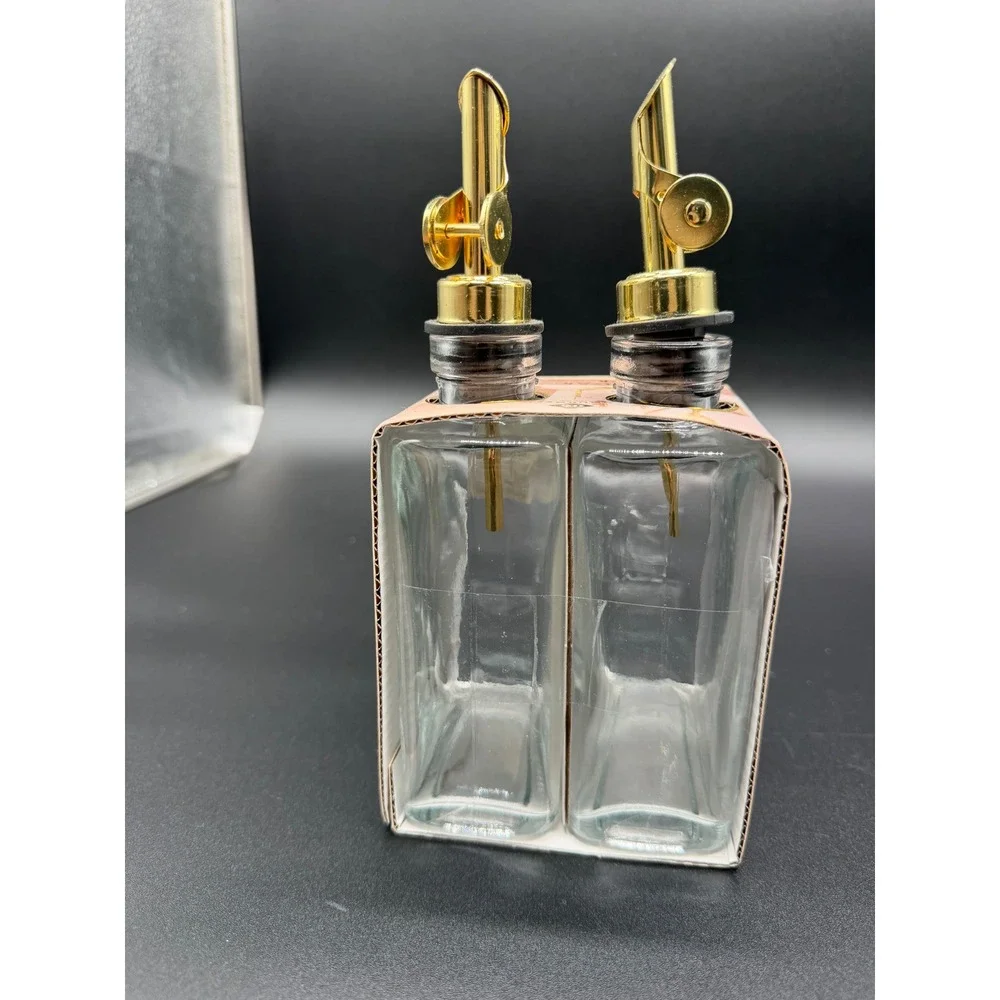 2 Pack Glass Oil and Vinegar Dispenser‎ Set Gold Weighted Pourers 10.1oz Clear